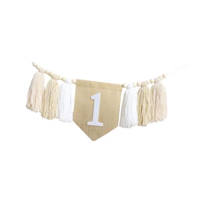 Bannière pour Chaise Haute d'Anniversaire 1 An Décoration Pompons Perles de Bois pour Fête à Thème Baby Shower Fournitures