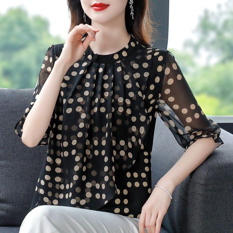 Women's Clothing Fashion Commute Round Neck Polka Dot Chiffon Shirt Summer New Casual Korean Spliced Half Sleeve Blouse Female