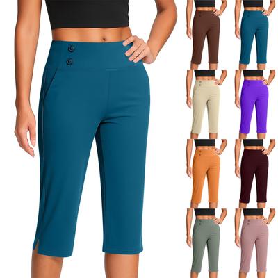 Calças Femininas da Moda de Cor Sólida com Botão e Bolso, Bainhas Laterais Abertas, Cintura Alta, Esportivas, Yoga, Casuais, Calças Capri