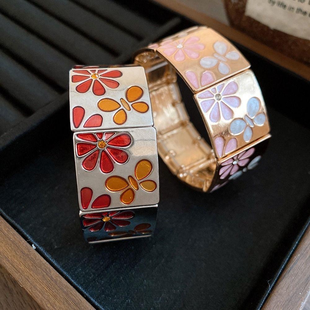 Metal Drip Oil Flower Bracelet Silver Elastic Bangles Geometric Square Bangle Decoration