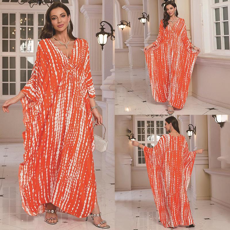 2025 European & American Cotton Printed Beach Dress Women's Long Loose Cover-Up with Sun Protection