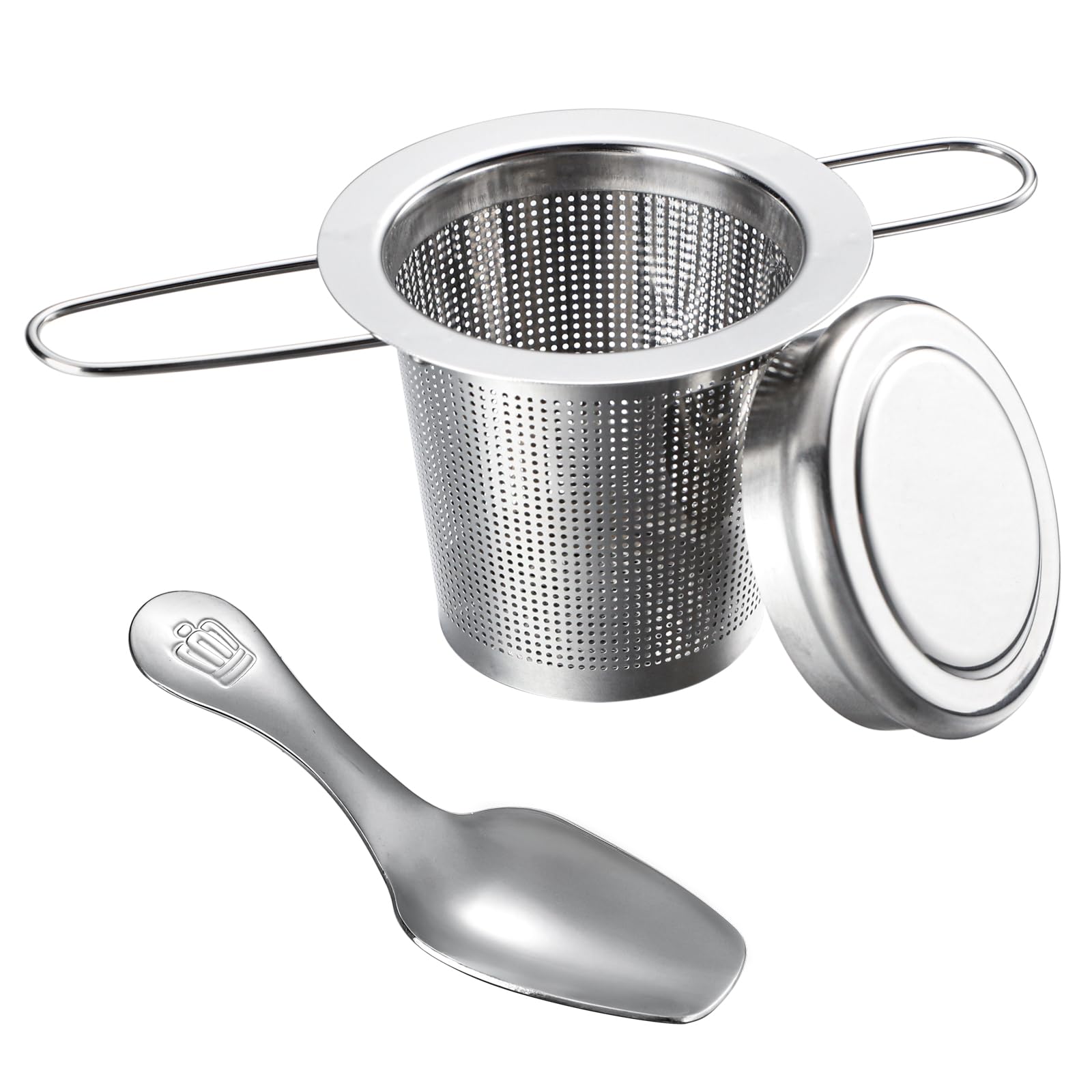 

Stainless steel tea strainer with lid and teaspoon, foldable handle design