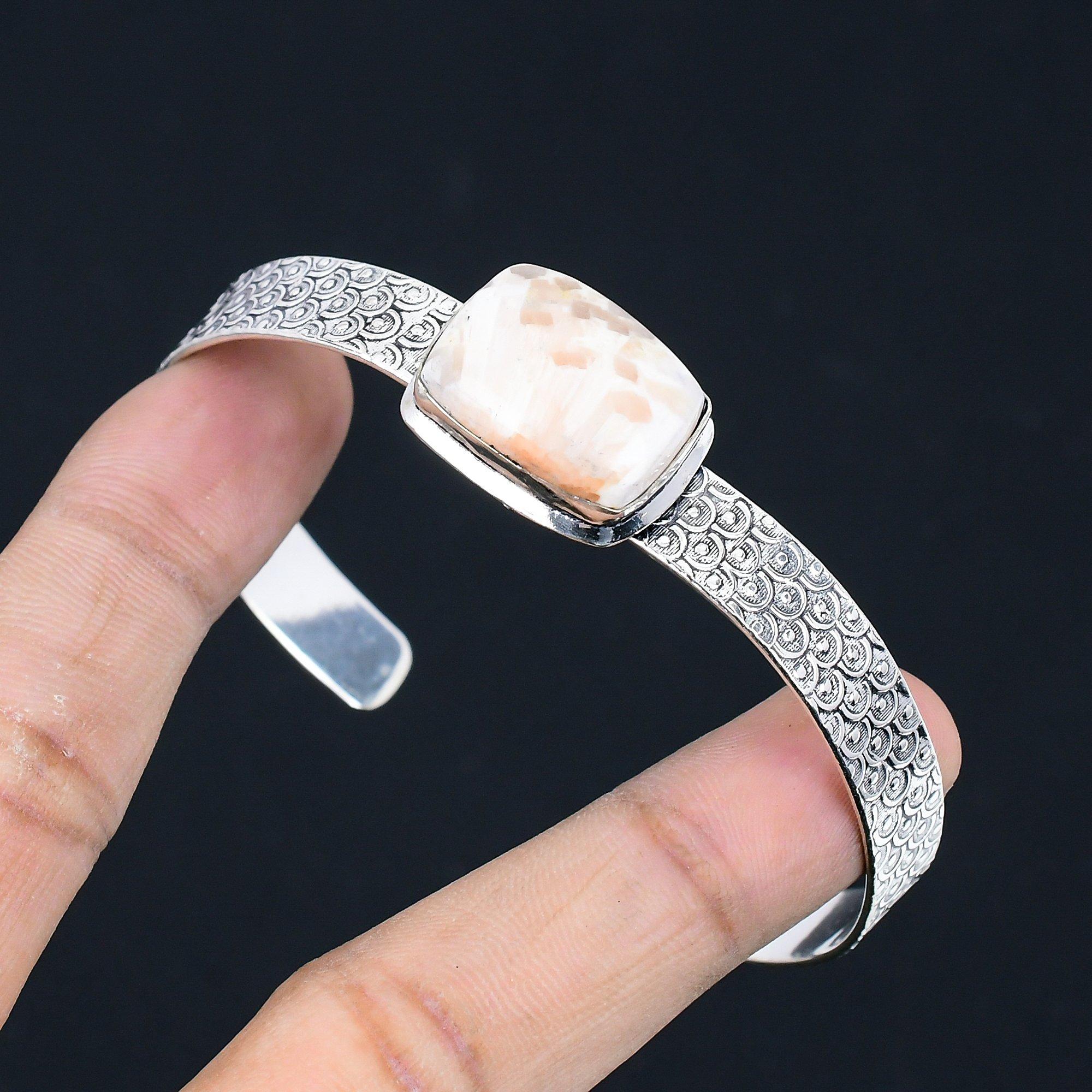 

Halloween Sale Scolecite Stone Wedding Unique Bangle Jewelry 925 Sterling Silver Adjustable