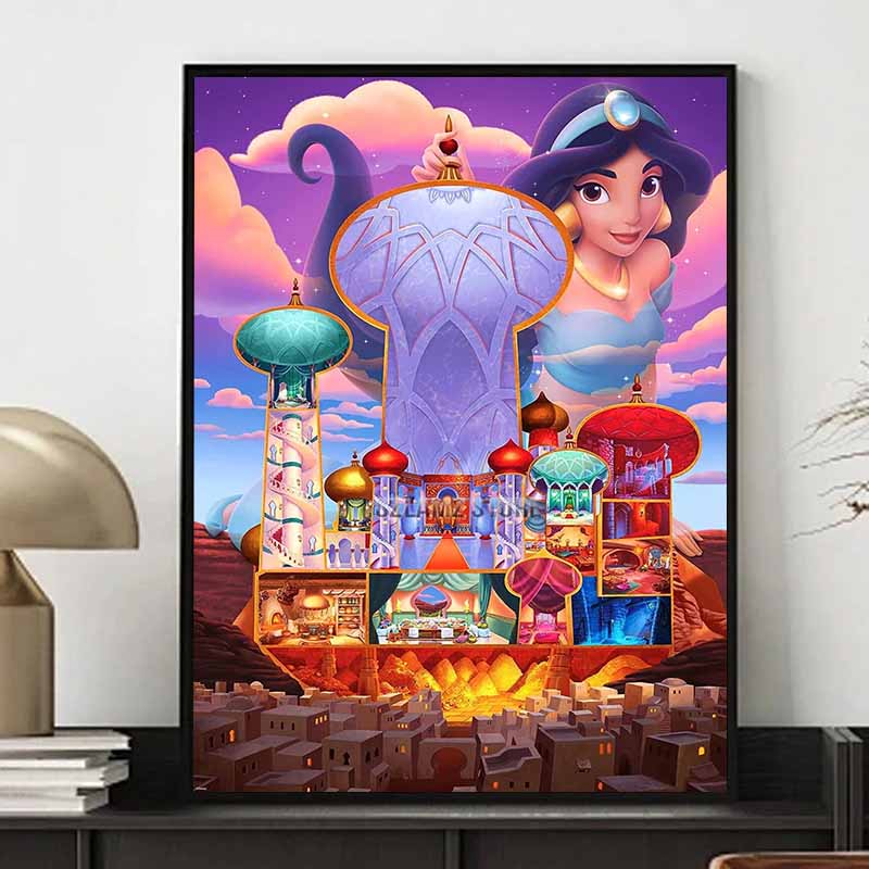 Disney Diamond Painting Jasmine and The Night Castle Illustration Wall Decoration Embroidery Full Diamond Cross Stitch DIY Gift Home Decoration