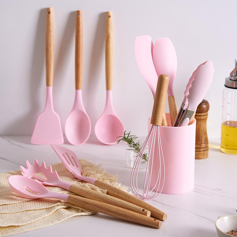 12-Piece Non-Stick Silicone Kitchen Utensil Set with Wooden Handles - High-Temperature Resistant Spoons and Spatulas