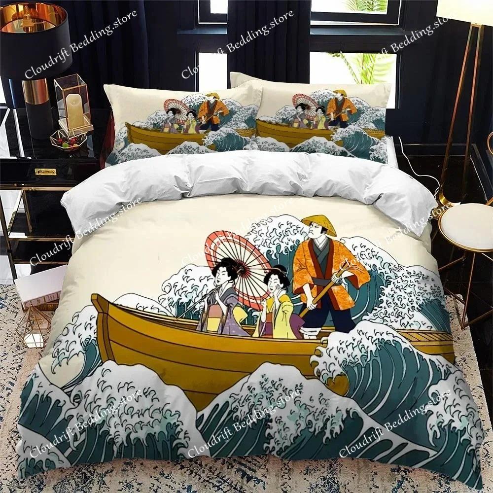Bettbezug-Set im japanischen Stil, King-Size-Bett, Queen-Size-Bett, Ukiyo-e-Motiv, Wellenmuster, Polyester-Bettwäsche-Set, Fuji-Berg, exotischer Stil