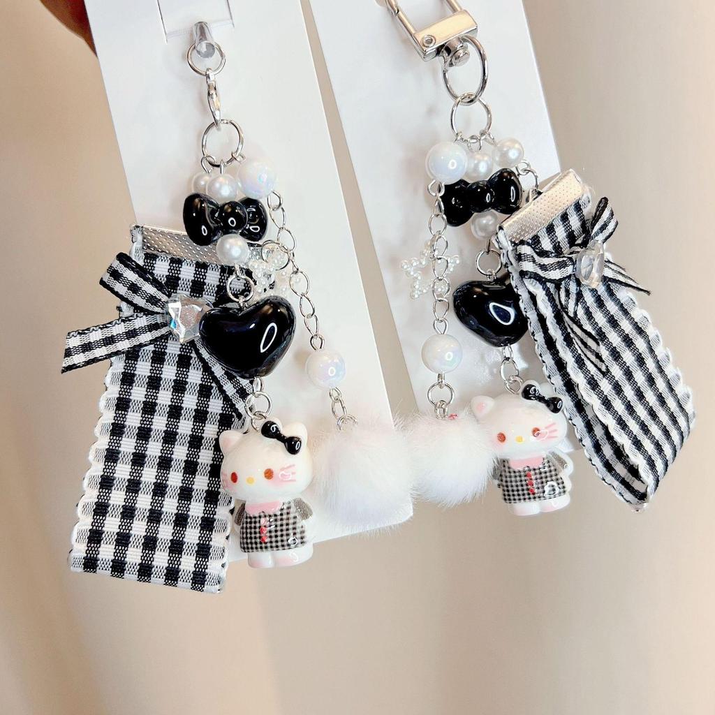 Pink Cartoon Cat Phone Charm & Heart Fur Ball Keychain Pendant