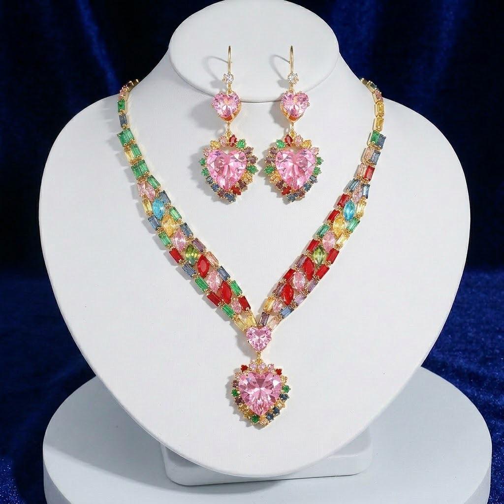 Trendy Zircon Earrings & Necklace Set: Colorful, Fresh Fashion Accessories