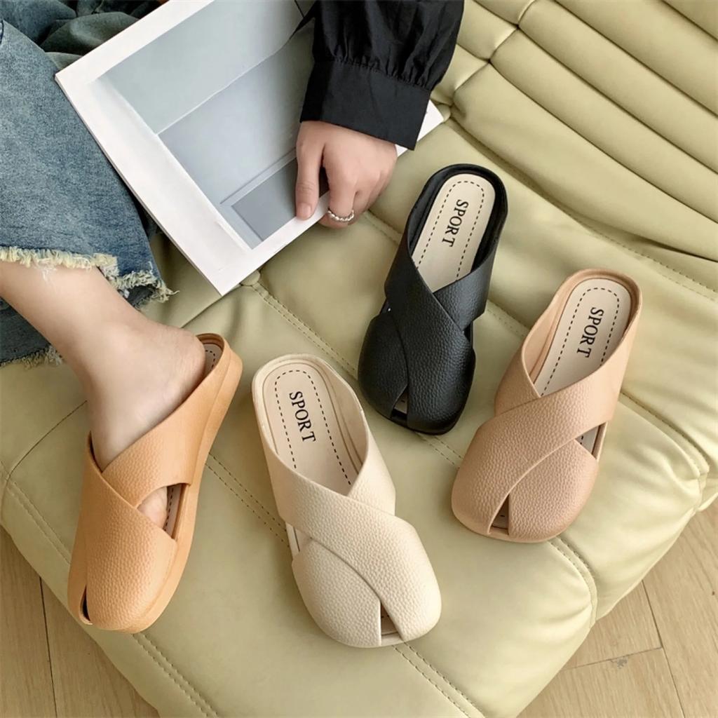 2025 Women's Summer New PVC Flat Sandals Solid Color Slippers