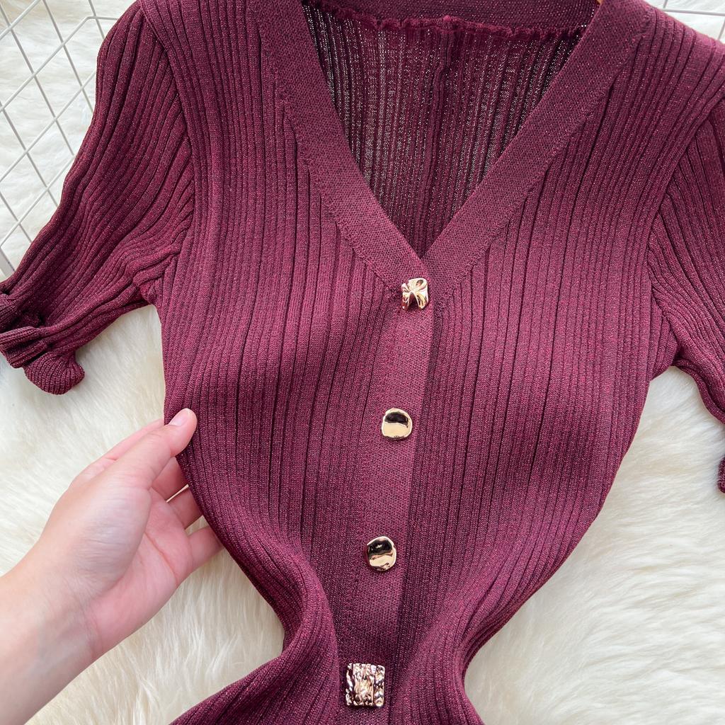 Summer Women V-neck Exquisite Gold Button Birthdays Party Knitted Sweater Long Slim Boycon Pencil Dresses