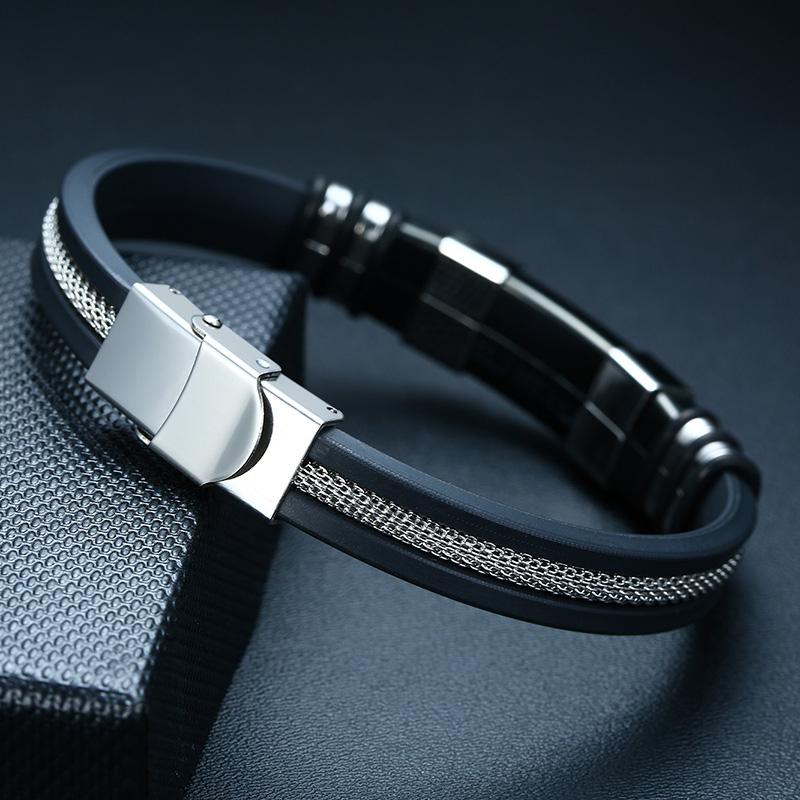 Vnox 13mm Bracelet for Men,Grooved Silicone with Stainless Steel Mesh Band,Casual Male Bangle,Stylish Black Wristband Gift