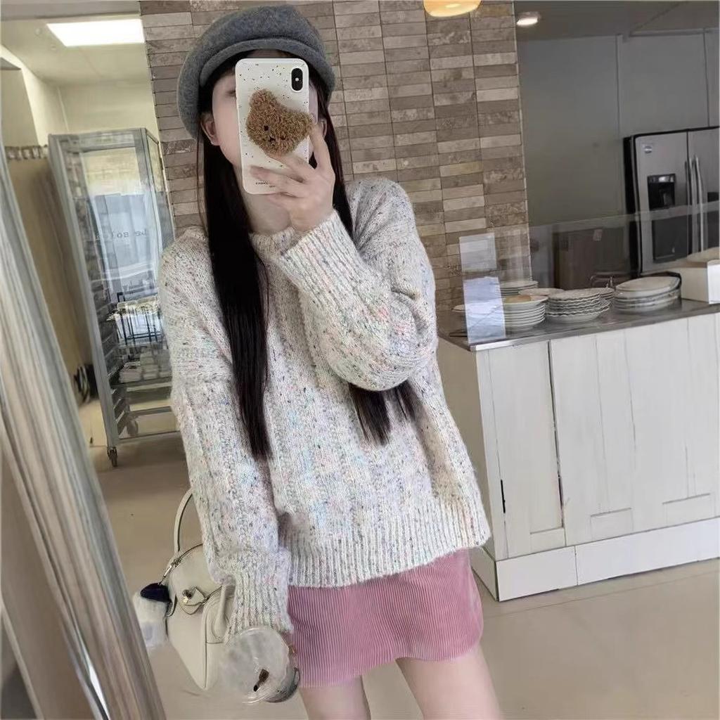 Autumn and winter new lazy wind round neck color thread mixed color knitted sweater loose soft waxy thin pullover sweater women