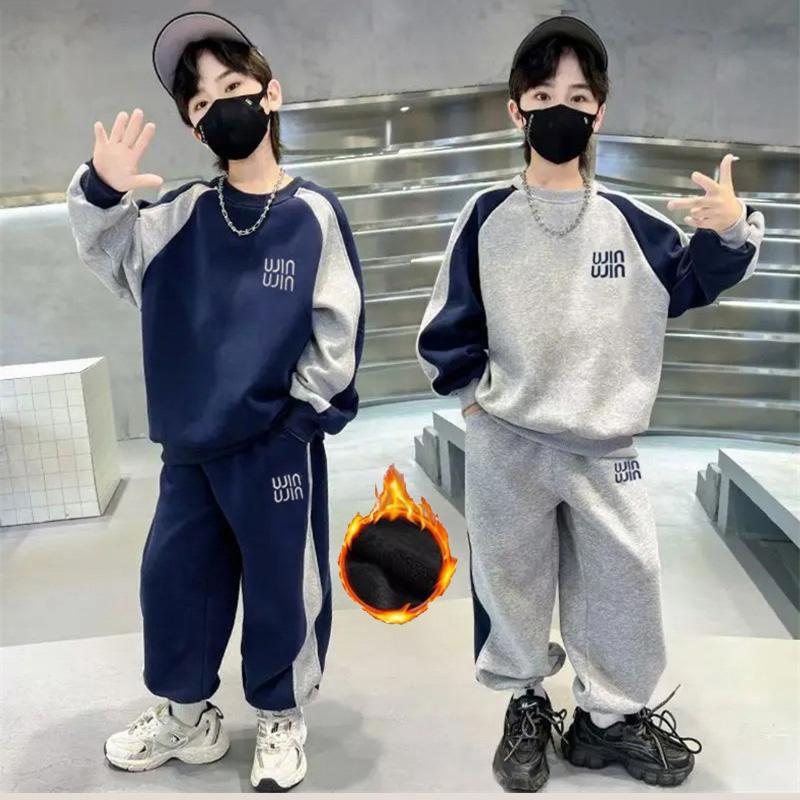 Ensembles Chauds d'Hiver pour Garçons Enfants Polaire Automne Sweat à Capuche Costumes Enfants Rembourrés Sweat-shirts+Pantalons Tenues Adolescent Vêtements en Velours