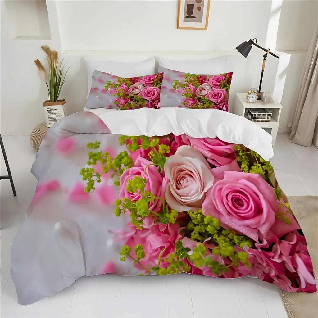 Pink Rose 3D Printed Quilt Cover Elegant Romantic Love Garden Country Style Duvet Cover Soft Comfortable Bedding Set Pillowcases