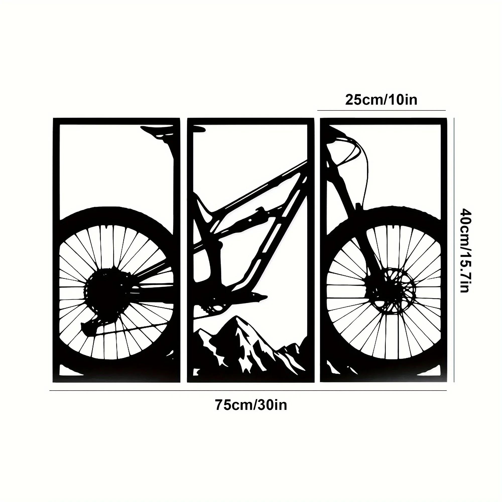 

3-х элементное настенное искусство с изображением горного велосипеда из металла - домашний декор для гостиной и офиса. Столовая. Алюминиевый Композит. Готово для использования в помещении. чёрный