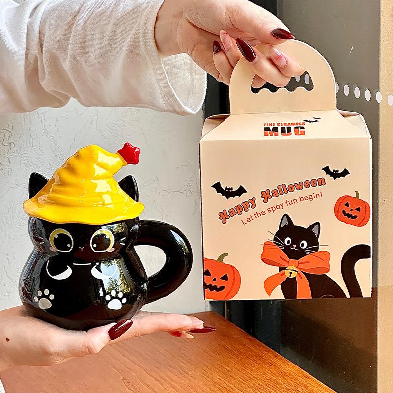 Magic hat cat water cup Halloween ceramic mug with lid for girls' birthday gift souvenir gift box