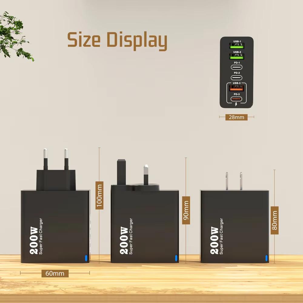 6'sı 1 Arada Toplam 200W USB Type C Cep Telefonu Şarj Cihazı USB3.0 PD3.0 Süper Hızlı Şarj Güç Adaptörü iPhone Xiaomi Samsung için