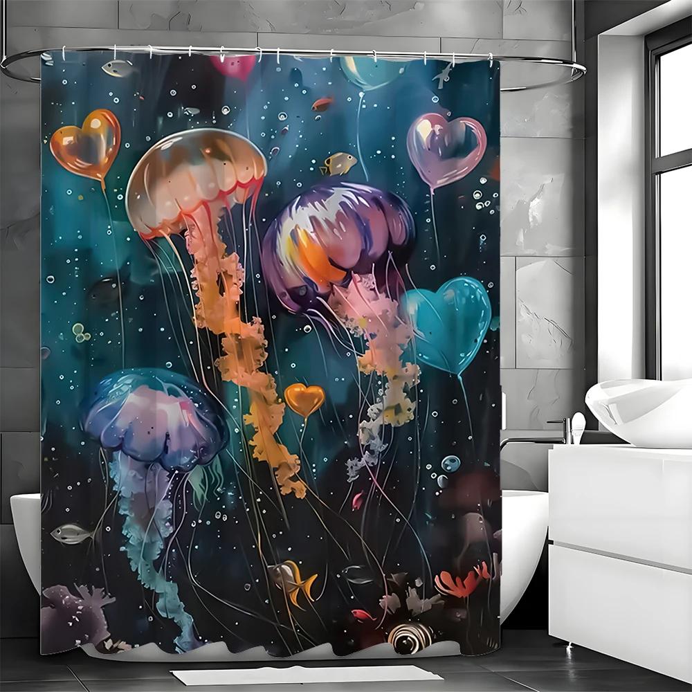 Fantasy Jellyfish Love Shower Curtain, Bathroom Decorative Shower Curtain, Waterproof Shower Curtain with Hooks