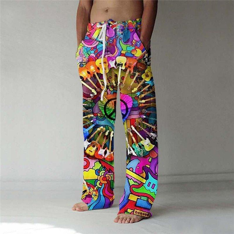 Vintage 3D Digital Printing Loose Trousers Men Drawstring Waist Casual Linen Pants Fashion Streetwear Long Pant for Male