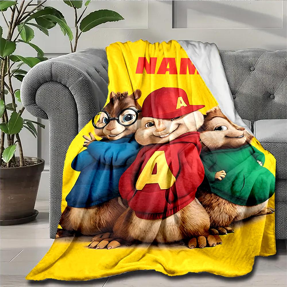 Manta Impresa Personalizada con Nombre Tema Alvin y las Ardillas - Perfecta para Sofá, Cama, Viajes y Uso al Aire Libre | Lavable a Máquina, Acogedora y Duradera.