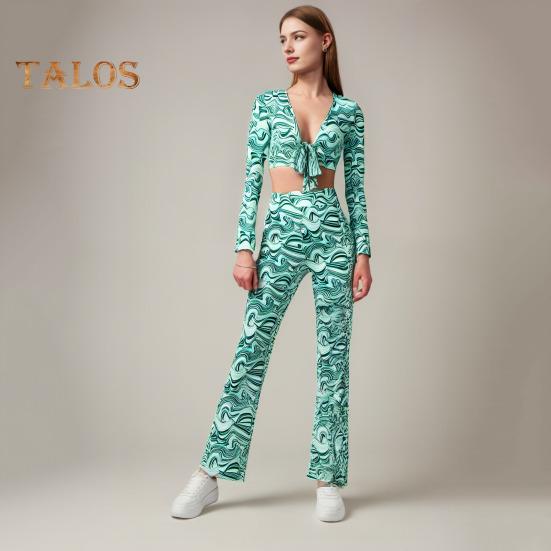 3 Pcs/Set Women Stage Performance Suit V Neck Lace-up Long Sleeves Cropped Top High Waist Flared Hem Trousers Printed Headband Retro Disco Party
