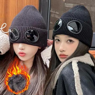 New Women Men Winter Windproof Glasses Knitted Beanie Hats Outdoor Ear Protection Sports Ski Cold Caps Thicken Skullies Beanies