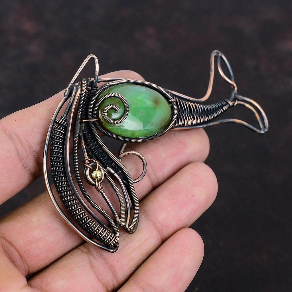 Chrysopras Anhänger Kupferdraht gewickelter Anhänger Handgefertigter Edelsteinschmuck Stilvoller Anhänger Fischanhänger Geschenk für Ihn Kupferdraht gewickelter Schmuck