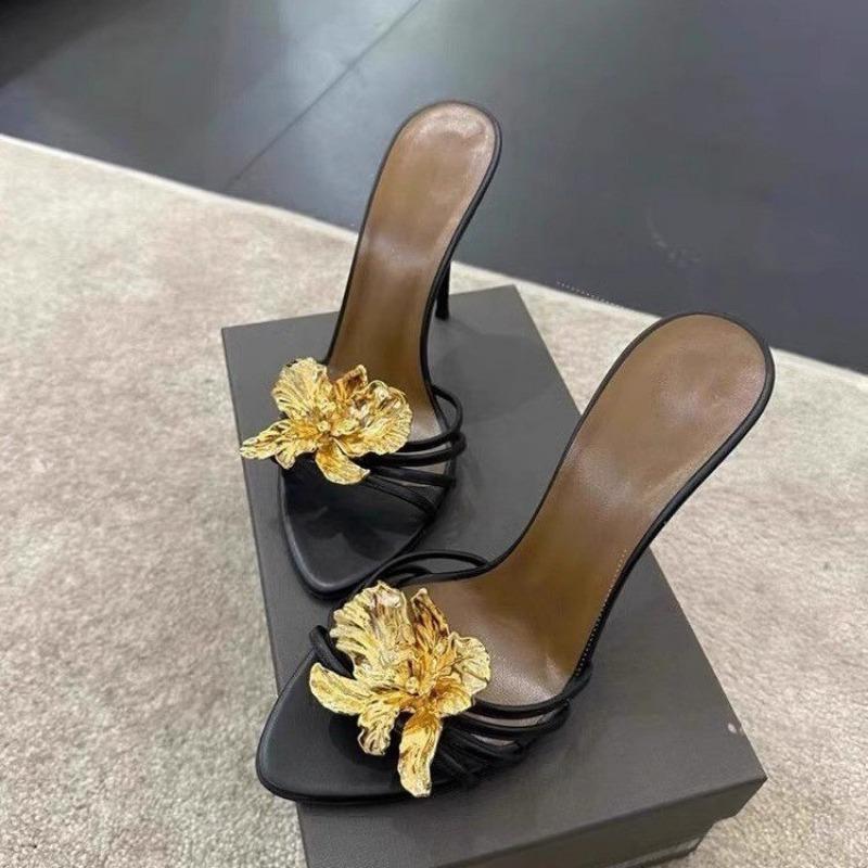 Fashion 2025 Summer Sexy Stiletto Heel Sandals for Women Floral Metal Decor Party Slippers Fashion Dressy High Heel Open Toe Slippers