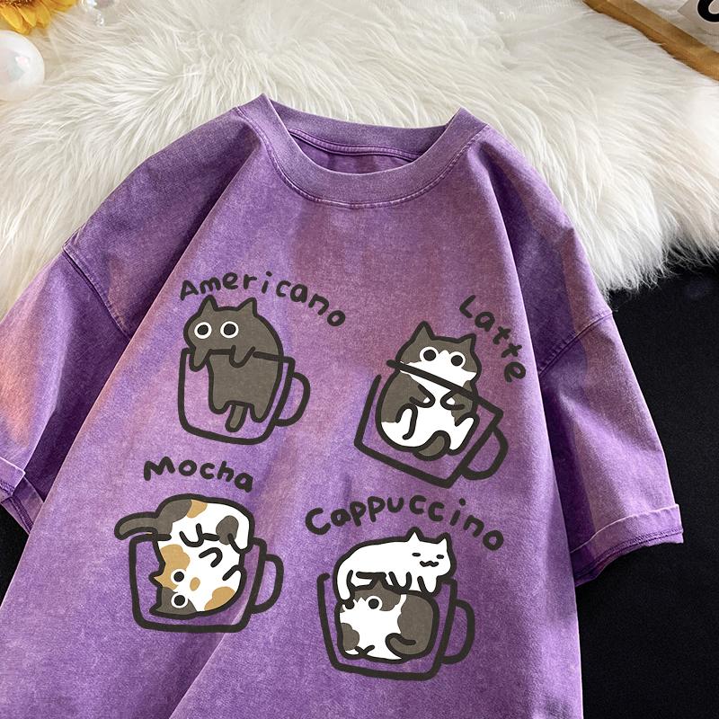 Cat Coffee Pure Cotton Trendy Summer Loose Short Sleeved T-shirt Men Women Mocha Latte Cat Vintage Water Washing Fun Cat Tees