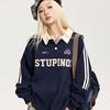 American Retro Collegiate Waffle Polo Neck Sweatshirt Women's Loose Casual Couple Wear Striped Raglan Sleeve Top