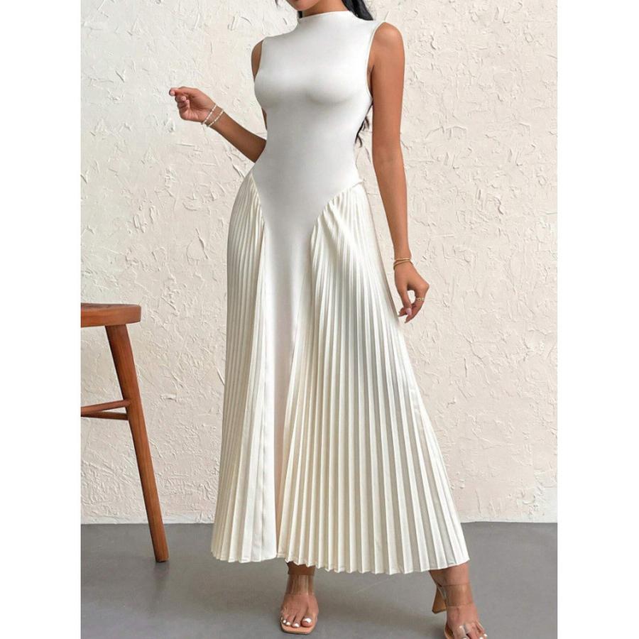 Summer New Style Pleated Patchwork Long Dress Elegant Sleeveless Slim Fit Evening Gown Party Dress
