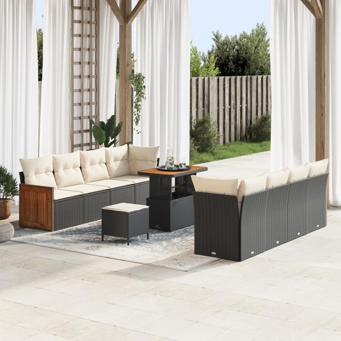 Ensemble de Canapé de Jardin 11 Pièces avec Coussins Noir Rotin Poly Acacia, Ensemble de Salle à Manger 3 Pièces 3365230