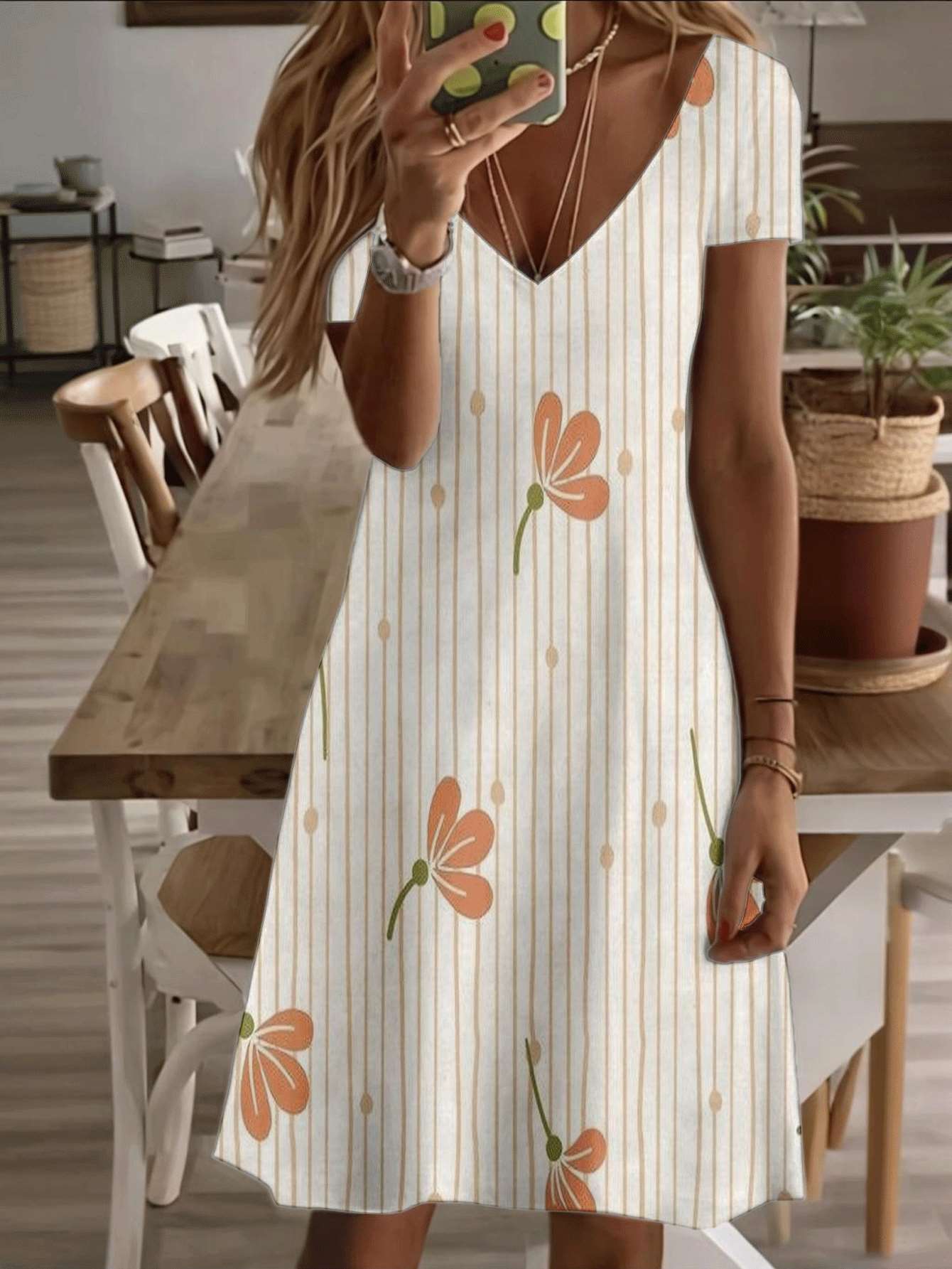 

Vneck shortsleeve midi dress women orange flower stripe print 3D highquality pattern durable material casual fashion summer outfit elegant daily wear S дубильная кора