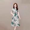 Women's Peter Pan Collar Short Sleeve Milk Silk Midi Dress Loose A Line Floral Print Drawstring Waist Elegant Commute Dress