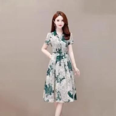 Women's Peter Pan Collar Short Sleeve Milk Silk Midi Dress Loose A Line Floral Print Drawstring Waist Elegant Commute Dress
