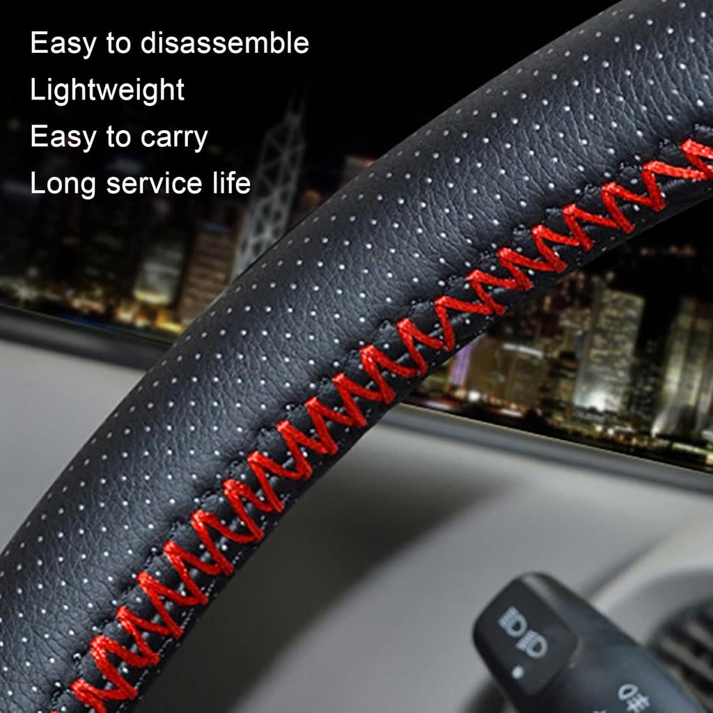 Car Steering Wheel Stitch On Wrap Cover, Universal Car Steering Wheel Cover, Hand Sewing Perforated Microfiber Leather Steering Wheel Cover(Black