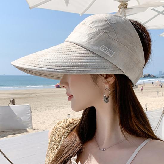 Beach Hat Large Brim Full Face Sun Protection Breathable Semi-Hollow Design Ties Foldable Hat Summer UV Blocking Ponytail
