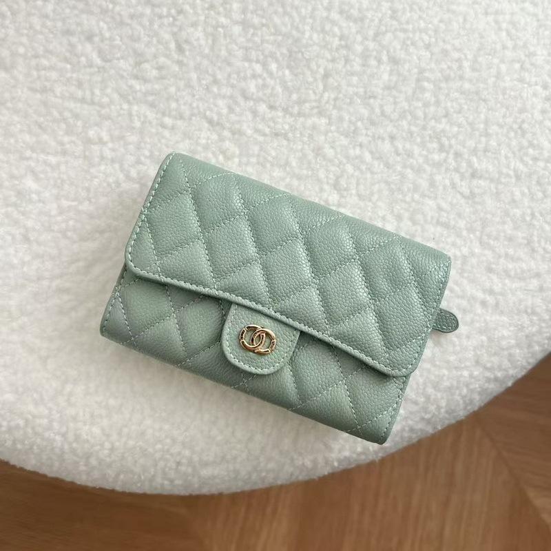 2026 New Caviar Patterned Cowhide Long Three Fold Wallet Hand-held Bag Chain Strap Crossbody Genuine Leather Women's
