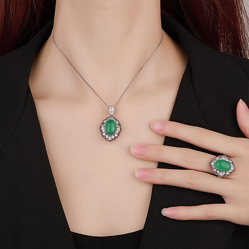 Jewelry Copper Bottom Gold-Plated Ice Seed Fluorescence Simulation Chalcedony Plain Surface Temperament Set 10 * 14