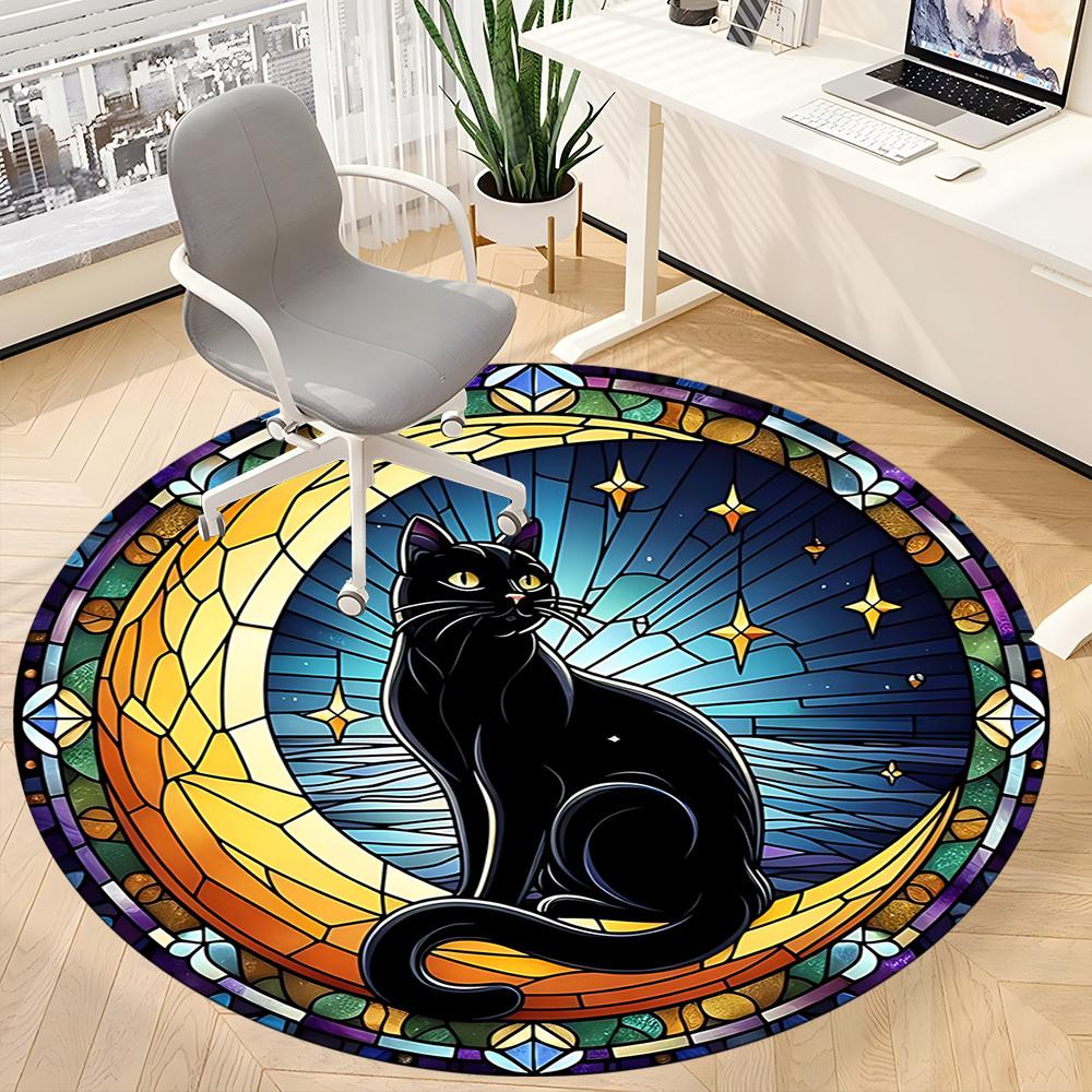 1pc Stained Glass Cat Office Round Area Rug,  Mat Suitable For Office, Under Office Chairs Bedroom Living Room Home Decor, Room Deco