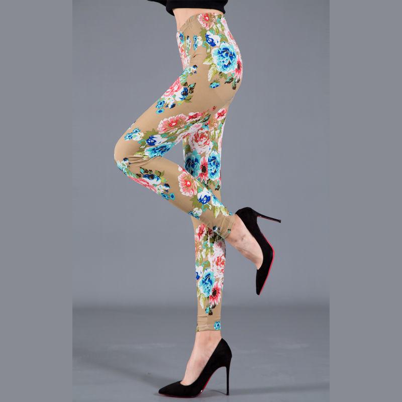 2023 Trendy Floral Print Slim Fit Milk Silk Leggings for Women - Plus Size, Elastic, Outerwear