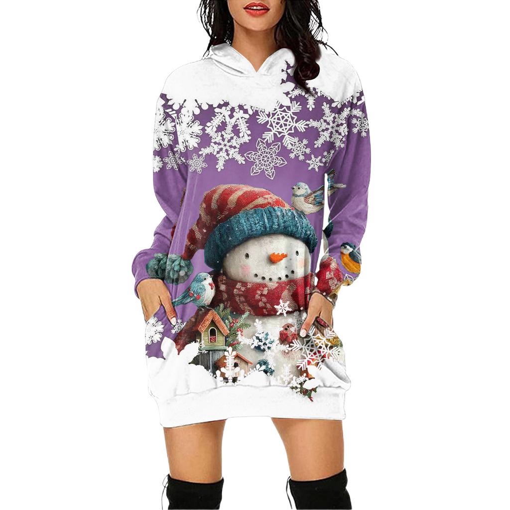 Rochie Pulover cu Glugă și Mâneci Lungi cu Buzunar și Imprimeu de Crăciun pentru Femei