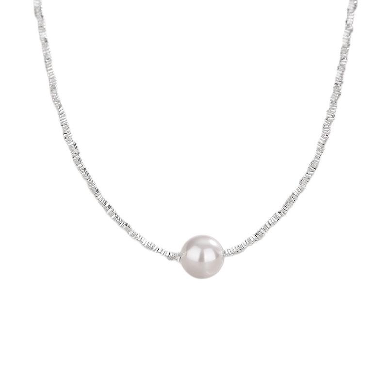 S925 Sterling Silver Round Imitation Pearl Necklace - Women's Trendy French Clavicle Chain