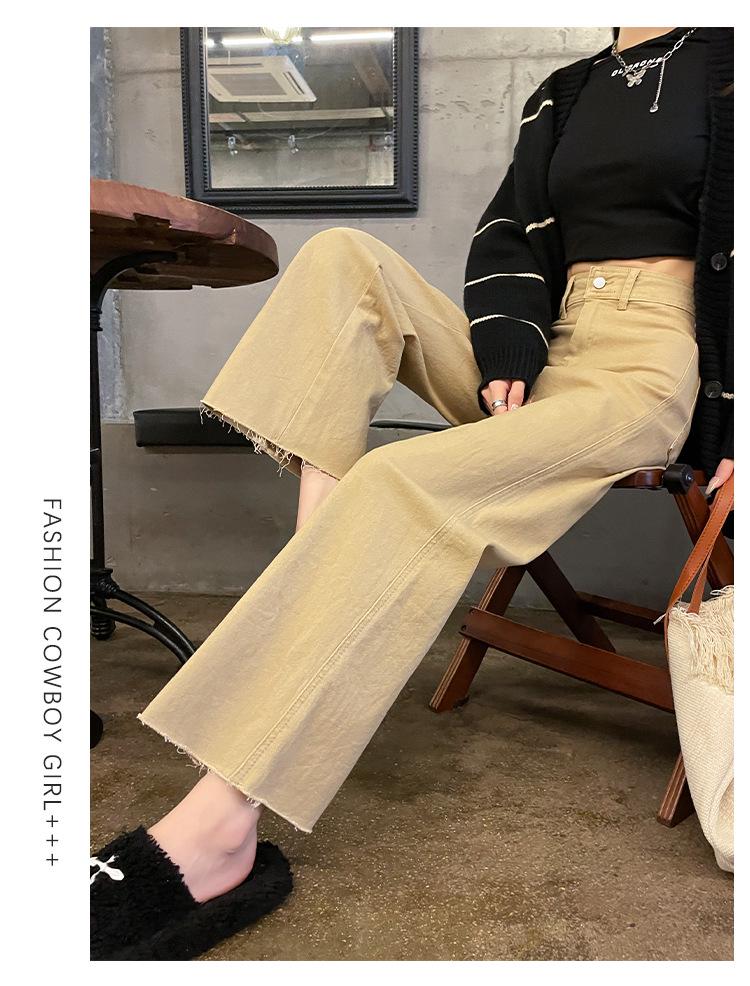 Women's High-Waisted Retro Khaki Cropped Wide-Leg Jeans with Raw Hem