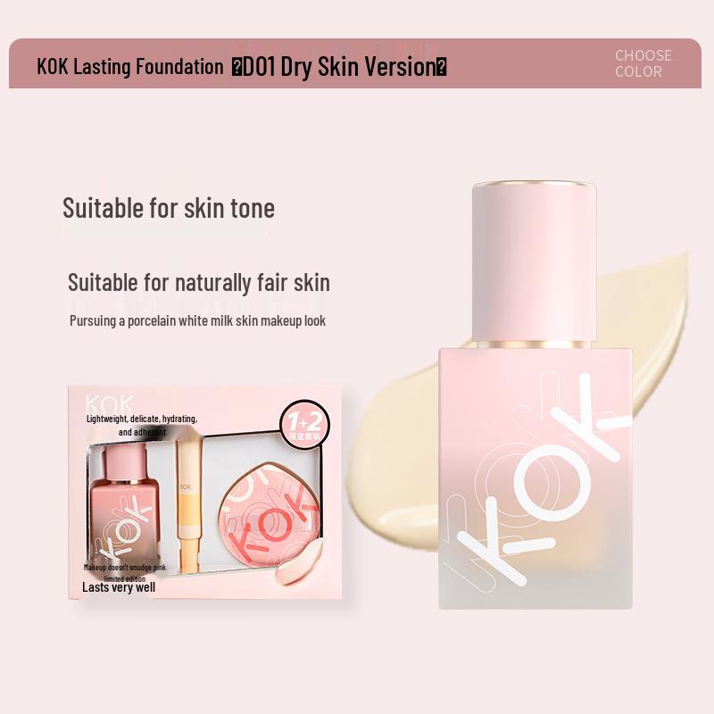 Zestaw baz pod makijaż KOK Radiant Long-Wear: Podkład, Korektor, Bronzer & Gąbeczka - Zestaw 4 sztuk.