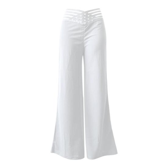 Women High Waist Long Pants Hollow Elastic Waistband Wide Leg Casual Trousers Solid Color Loose Fit Trousers