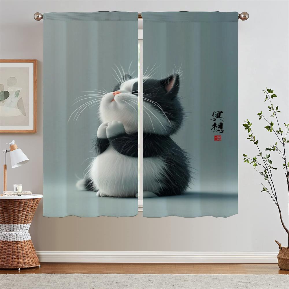 

Шторы для кухни Шторы 2 шт. Окно Медитация Кошка Шкафы для гостиной Украшения Ткань Шторы Подхваты Шторы W50xH70cmx2pcs-CL