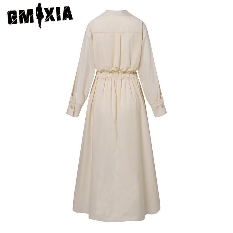 GMXIA Women Casual Loose Long Dress Turn-down Collar Long Sleeve