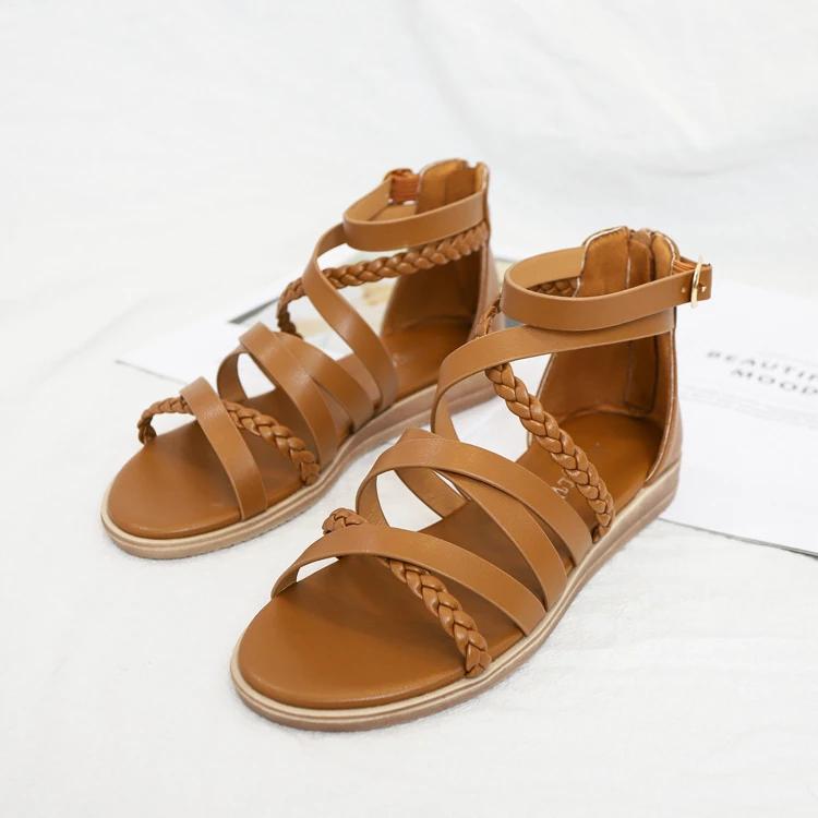 Fashion New Bohemian Style Woven Roman Sandals Women's Summer Casual Flat Bottomed Minimalist Beach Vacation Rivet Thin Band Sandals 42