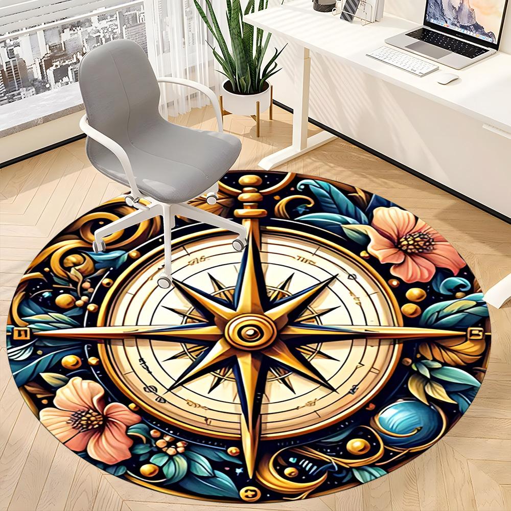 1pc Compass Floral Office Round Area Rug, Indoor Mat Suitable For Office, Under Office Chairs Bedroom Living Room Home Decor, Room Deco